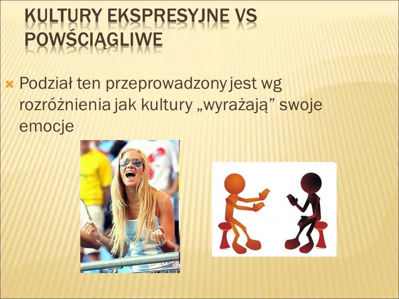 Kultury ekspresyjne vs powściągliwe  Podział ten przeprowadzony jest wg rozróżnienia jak kultury „wyrażają”